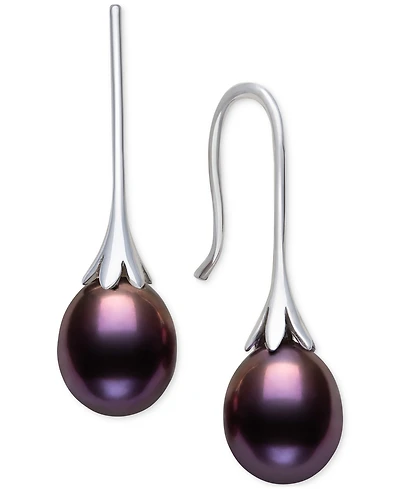 Belle de Mer Dyed Black Cultured Freshwater Pearl (7-8mm) Drop Earrings in Sterling Silver