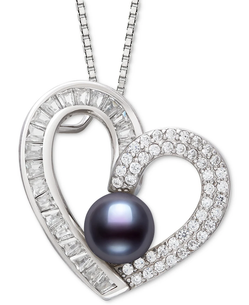 Belle de Mer Dyed Black Peacock Cultured Freshwater Pearl (6-7mm) & Cubic Zirconia Heart Pendant 18" Necklace Sterling Silver