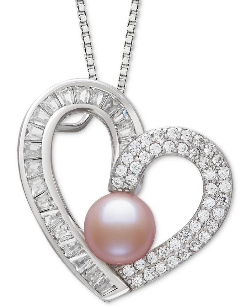 Belle de Mer Dyed Black Peacock Cultured Freshwater Pearl (6-7mm) & Cubic Zirconia Heart Pendant 18" Necklace Sterling Silver