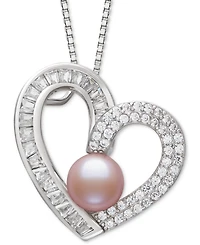 Belle de Mer Dyed Black Peacock Cultured Freshwater Pearl (6-7mm) & Cubic Zirconia Heart Pendant 18" Necklace Sterling Silver