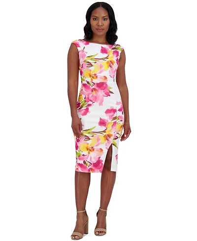 Eliza J Women's Boat-neck Sleeveless Floral Print Sheath Dress