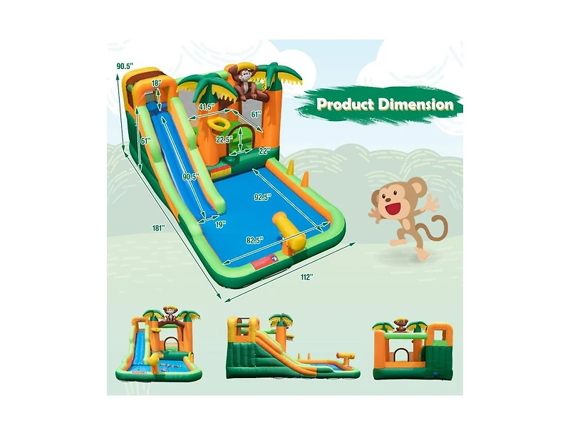 Monkey-Themed Inflatable Water Slide with Jumping Area and Pool with 680W Blower