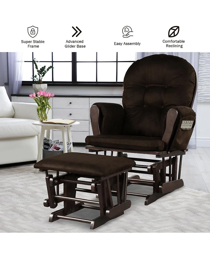 Wood Glider and Ottoman Set with Padded Armrests Detachable Cushion