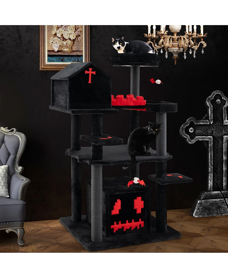 Gymax Gothic Cat Tree 49'' Tall Cat Tower w/ Coffin Bed & 2 Condos & Cozy Perch