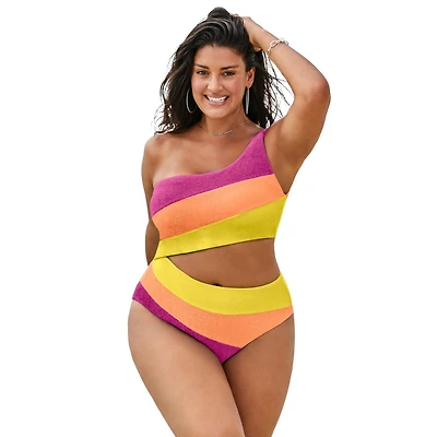Swimsuits for All Women's One Shoulder Color Block Cutout Piece Swimsuit