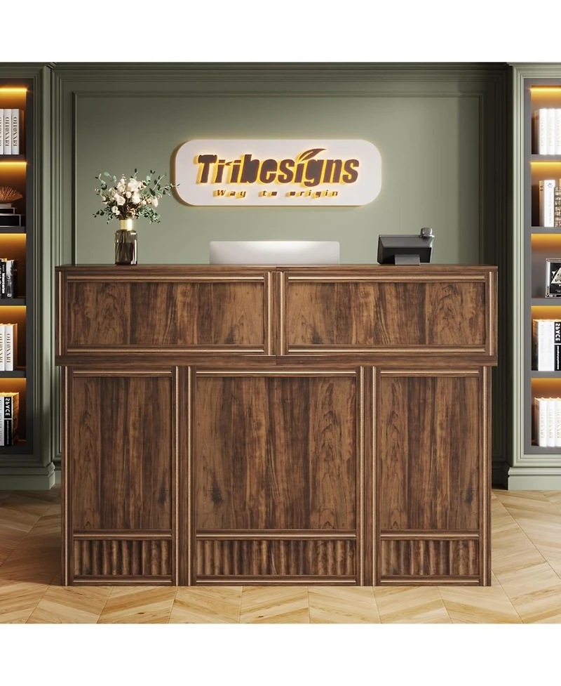 Tribesigns Reception Desk with Counter, 57-Inch Rustic Front Receptionist Table, Boho Welcome Checkout Counter for Office, Retail, Lobby, Be
