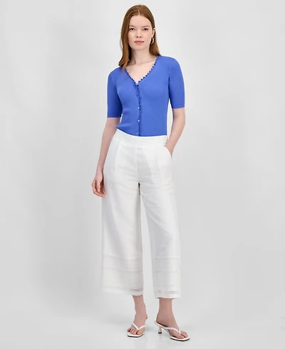 T Tahari Women's Eyelet-Trim Cropped Pull-On Pants