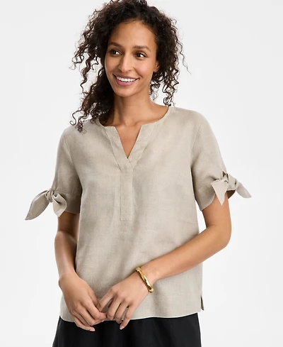 Charter Club Women's 100% Linen Split-Neck Tie-Cuff Top, Created for Macy's