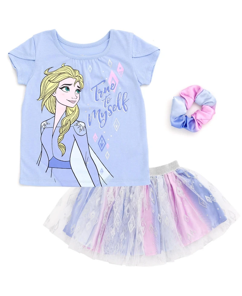 Frozen Little Girls Disney Princess Moana T-Shirt Tulle Skirt and Scrunchie 3 Piece Outfit Set
