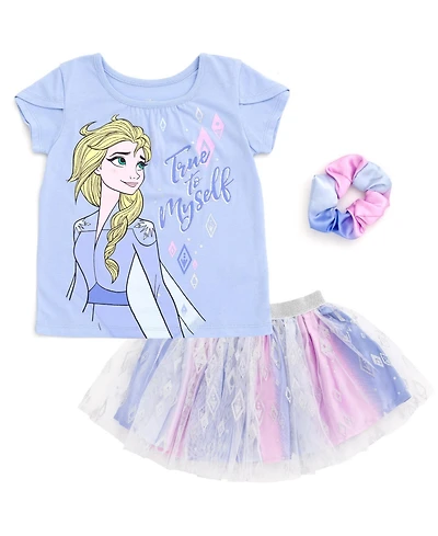 Frozen Little Girls Disney Princess Moana T-Shirt Tulle Skirt and Scrunchie 3 Piece Outfit Set