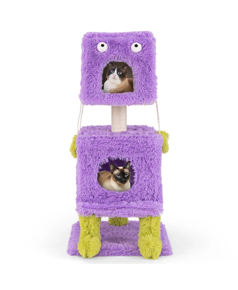Cute Monster-Themed Cat Tower with 2 Private Condos Space-Saving Playhouse for Small Spaces