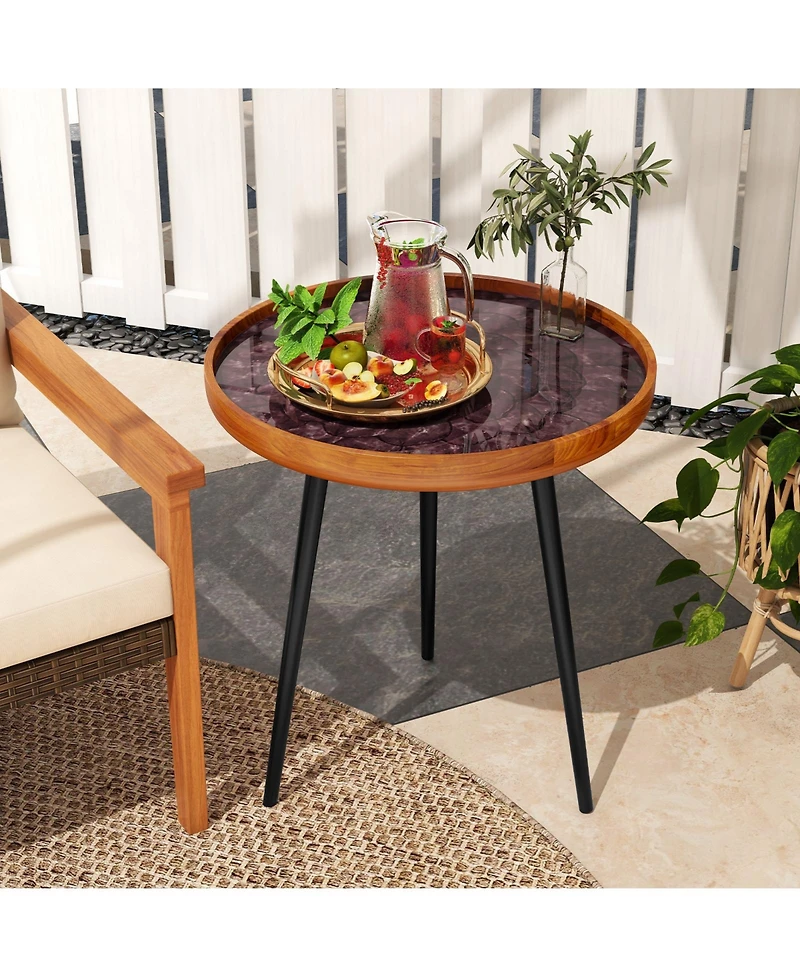 Round End Table with Sea Shell Inlay and Epoxy Resin Top for Living Room Decor