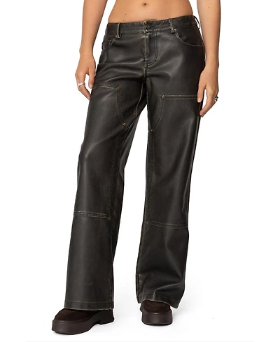 Edikted Womens Vintage Washed Faux Leather Pants