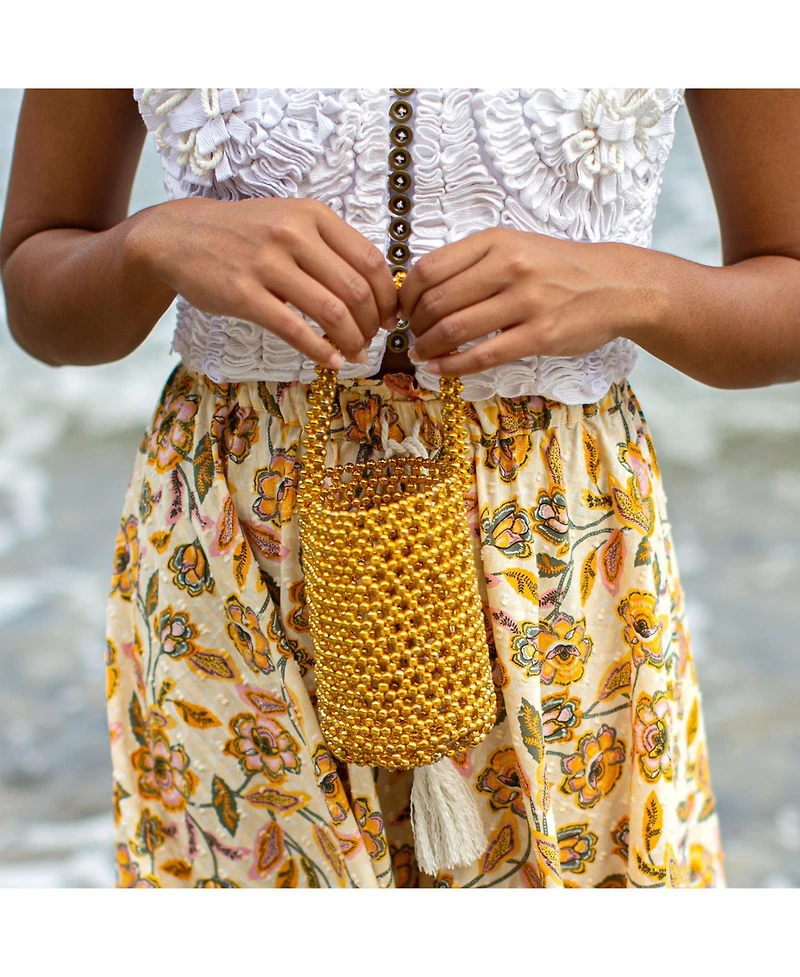 Golda Metallic Beads Bucket Bag In Gold