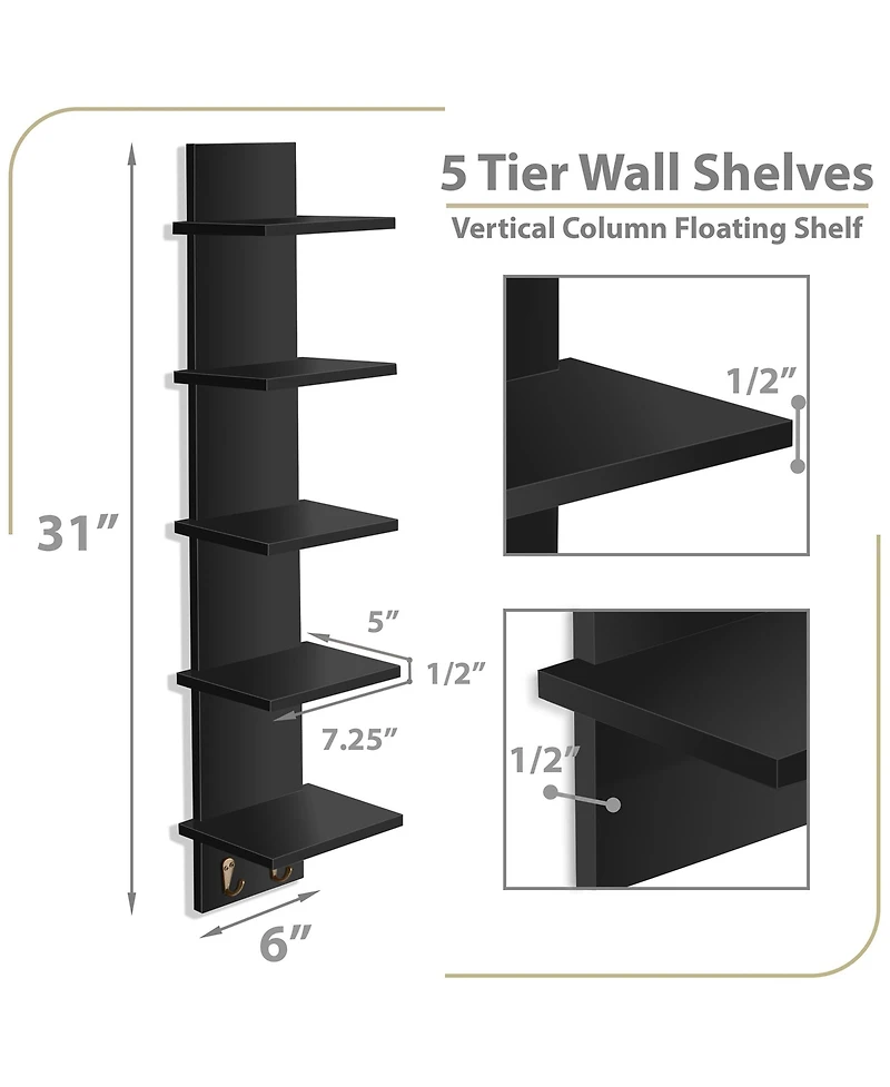 Sorbus 5 Tier Wall Mounted Floating Shelf Unit with Hooks - Home Decor and Storage Organizer