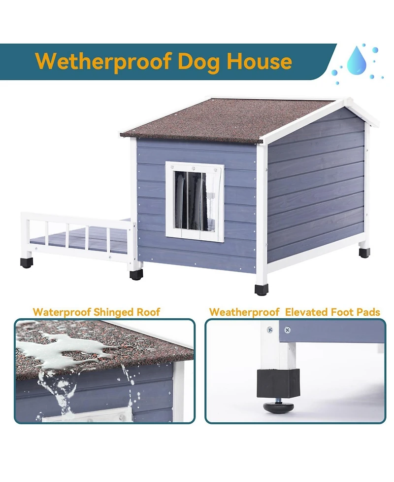 Large Wooden Dog House Indoor Outdoor with Terrace and Open Waterproof Asphalt Roof for Small and Medium Dogs
