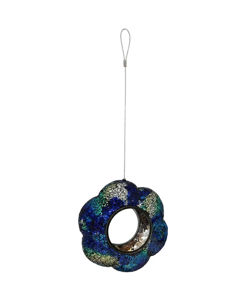 Outdoor Garden Patio Glass Round Flower Shaped Hanging Fly-Through Bird Feeder - 10" - Indigo