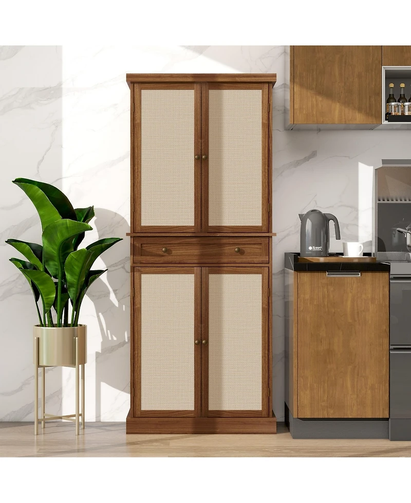 Tall Storage Cabinet with Drawers 4 Rattan Door Storage Cabinet with Adjustable Shelf Freestanding Cupboard for Kitchen Living Room, Brown