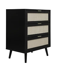 3 Drawer Storage Cabinet Rattan Dressers Chest of Drawers Entryway Cabinet Fluted Nightstand Bedside Table Dresser for Bedroom Living Room, Black