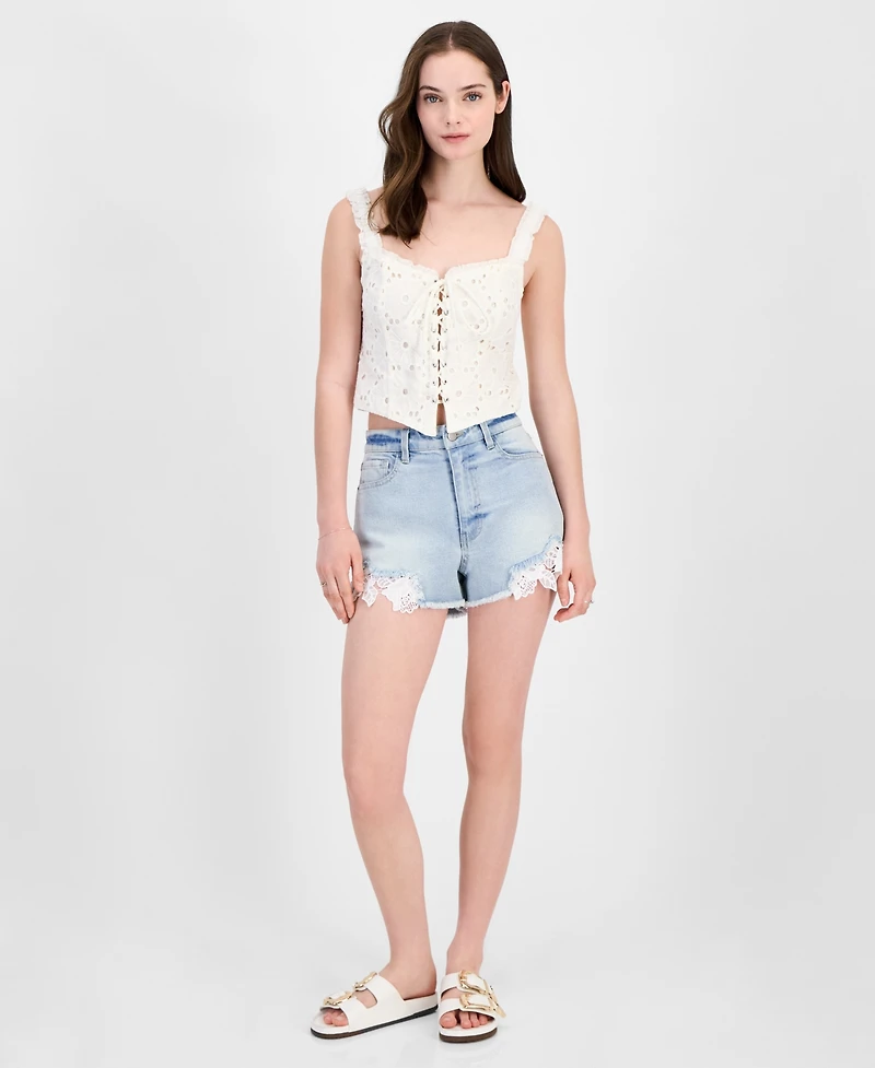 Tinseltown Juniors' Lace-Detailed Denim Mom Shorts