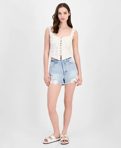 Tinseltown Juniors' Lace-Detailed Denim Mom Shorts
