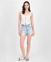 Tinseltown Juniors' Lace-Detailed Denim Mom Shorts