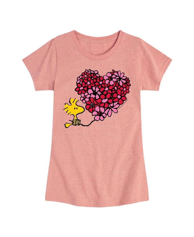 Peanuts Big Girls Woodstock Flower Heart Graphic Short Sleeve T-Shirt