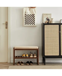 Streamdale (Walnut Color) Solid Wood Shoe Bench, Beech Wood Storage Rack Organizer with High Rebound Sponge Cushion