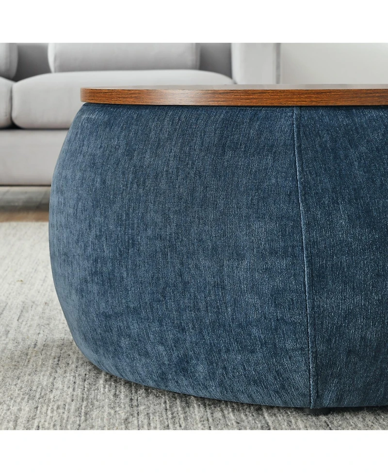 Streamdale Round Storage Ottoman, 2 in 1 Function, Work as End table and Ottoman,with small seat,Dark blue(25"x25"x14.7")