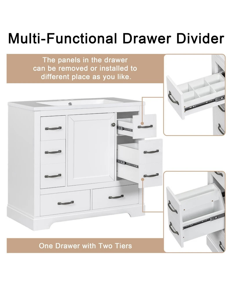 Streamdale 36" Bathroom Vanity with Sink Combo, Six Drawers, Multi-Functional Drawer Divider, Adjustable Shelf, White
