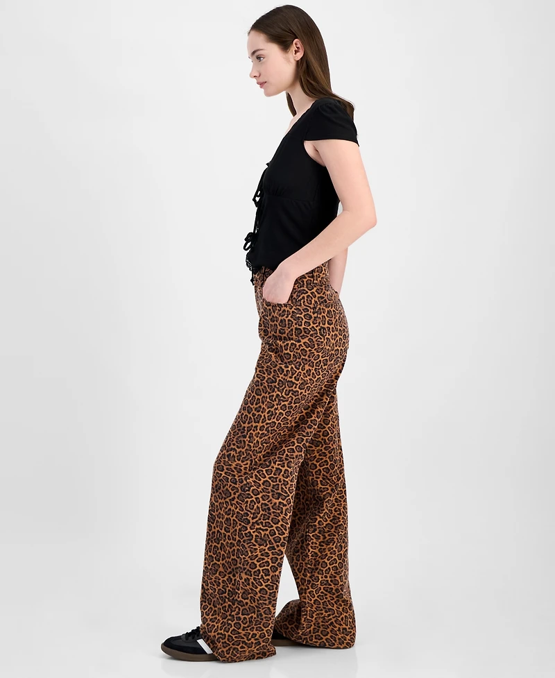 Tinseltown Juniors' Animal-Print Wide-Leg Jeans