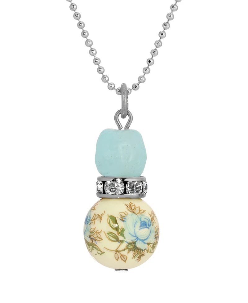 2028 Silver-Tone Blue Rose Bead Drop Necklace