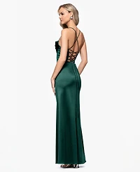 Blondie Nites Juniors' Satin Corset-Waist Draped-Neck Gown