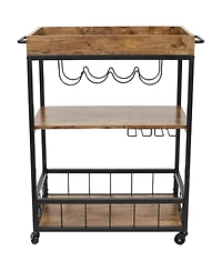 3 Tier Rustic Industrial Style Rolling Indoor Bar Cart with Wine Bottle and Stemware Rack