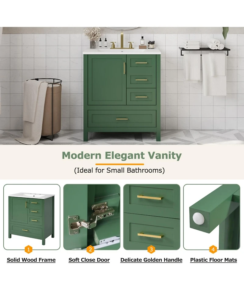 Streamdale 30" Green Bathroom Vanity Set with Sink, Storage Cabinet, Soft Close Drawers, Removable Tray