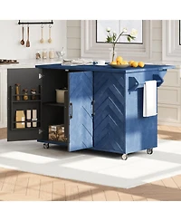 Streamdale Navy Blue 51" Wave Kitchen Island with Drop Leaf and Storage
