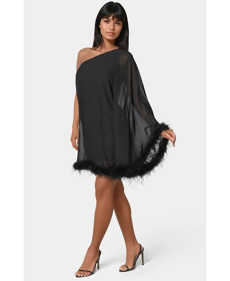 Bebe Women's Feather Chiffon One Shoulder Cape Dress