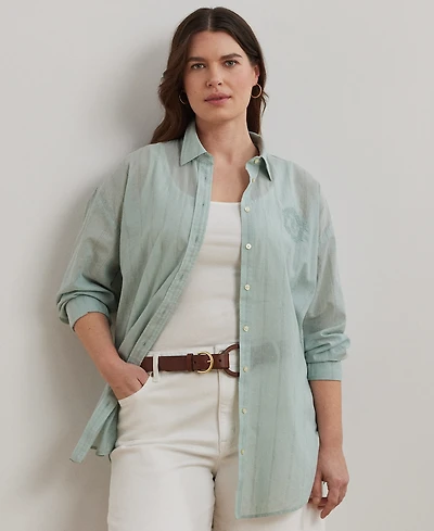 Lauren Ralph Lauren Plus Size Oversize Striped Cotton Voile Shirt