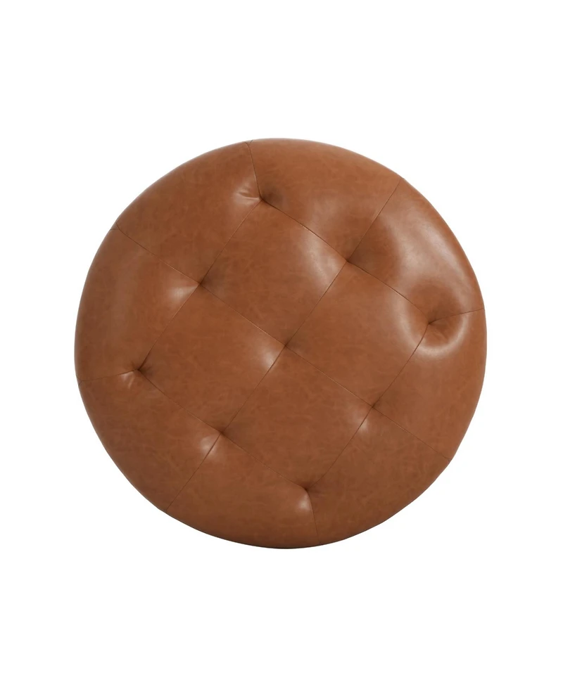 Streamdale Upholstered Button Tufted Round Ottoman, Pu, Orange Brown