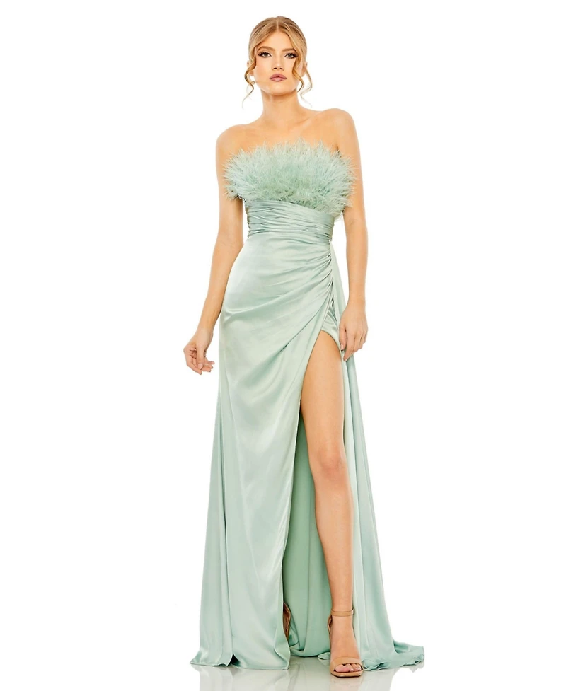 Women's Strapless Feather Detail Satin Gown