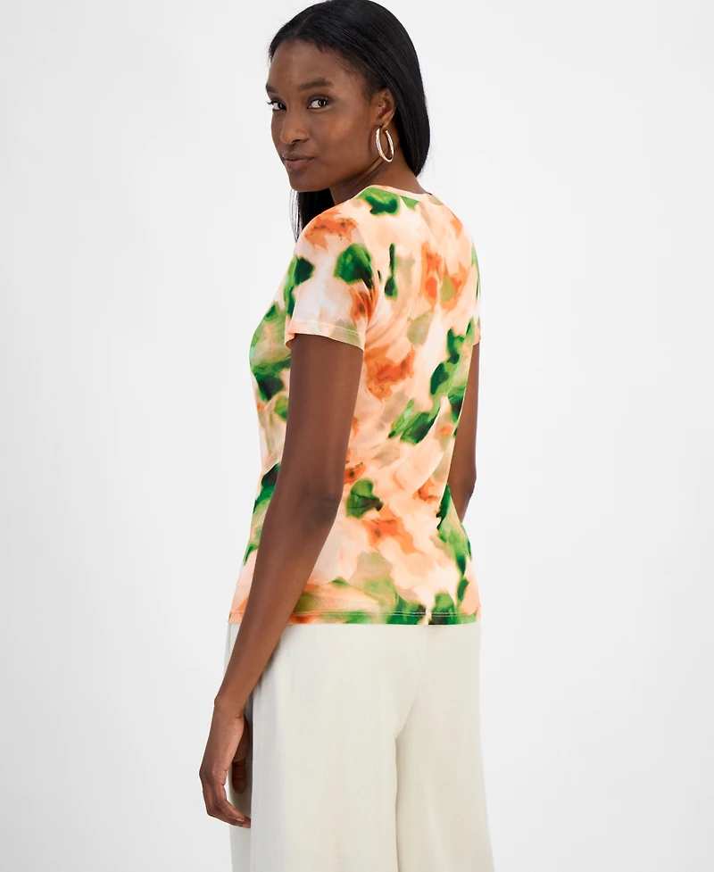 Bar Iii Women's Short-Sleeve Watercolor Mesh Top, Exclusively at Macy's