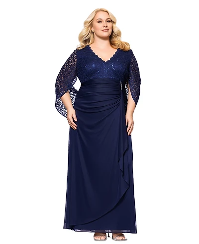 Betsy & Adam Plus Size Lace-Cape-Sleeve Embellished Gown