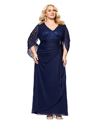 Betsy & Adam Plus Size Lace-Cape-Sleeve Embellished Gown