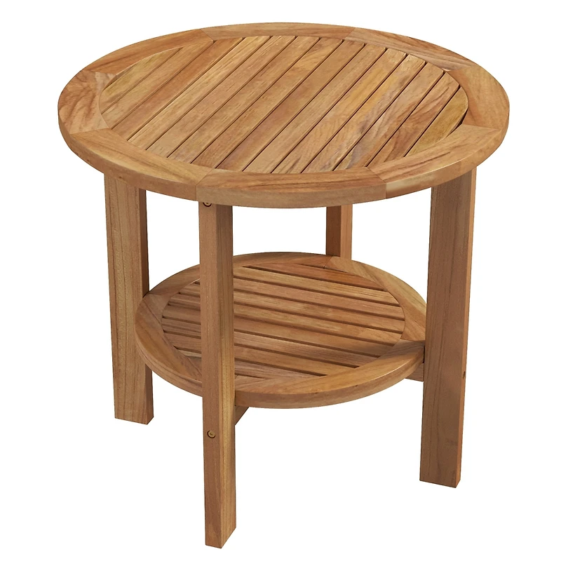 Patio Teak Wood End Table with Round Top and Lower Storage Shelf