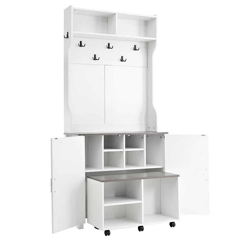 Streamdale Farmhouse 4-in-1 Hall Tree with Barn Doors Movable Bench, Hooks, Shoe Storage, & Wheels