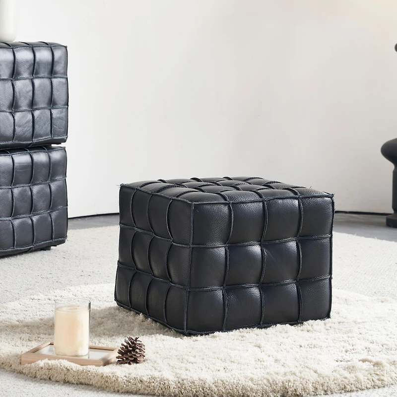 Streamdale 17.32"W Genuine Leather Tufted Ottoman,Footstool for Living Room & Bedroom,Black Color