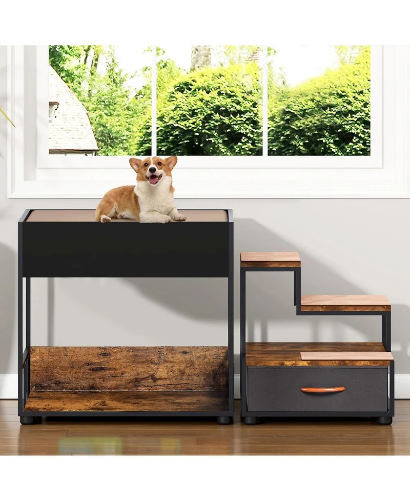 Pet Step Window Perch,Bunk Beds Window Perch for Dogs Bedside Lounge Elevated Dog Bed Multi-Level Platform with sponge, Non-Slip Pad and Storage,Vinta