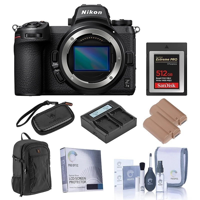 Nikon Z 7II Mirrorless Digital Camera, Bundle with 512GB CFexpress Memory Card, 2x Battery, Charger, Backpack, Screen Protector, Memory Card Wallet, C