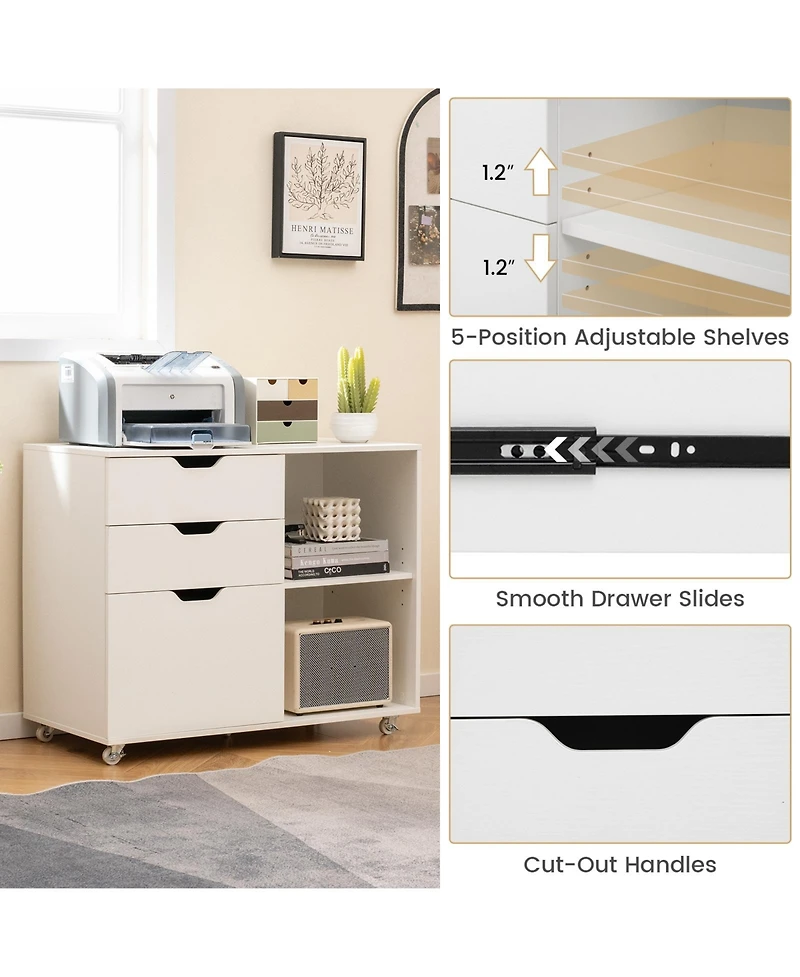 3-Drawer File Cabinet with Adjustable Shelf and Wheels for Letter