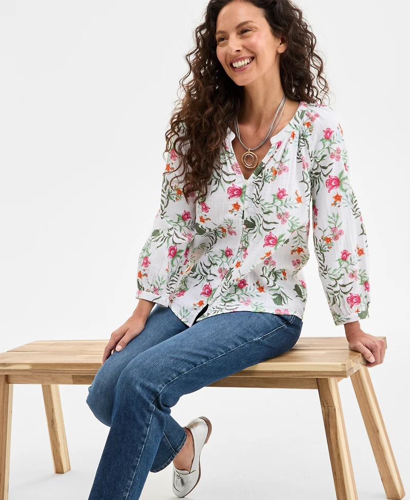 Style & Co Floral-Print Gauze Popover Long-Sleeve Top, Exclusively at Macy's